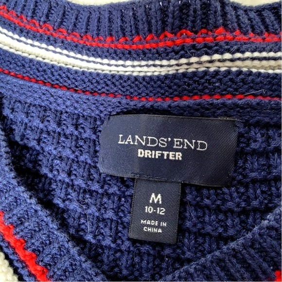 Lands' End Navy Cable Knit Sweater M Preppy V-Neck Striped Trim Drifter‎ 10-12 - Picture 5 of 9